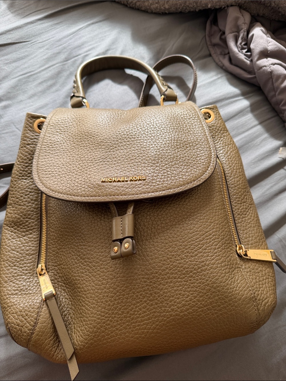 Michael Kors Pebbled Leather Backpack in Taupe Brown with Gold Hardware set
